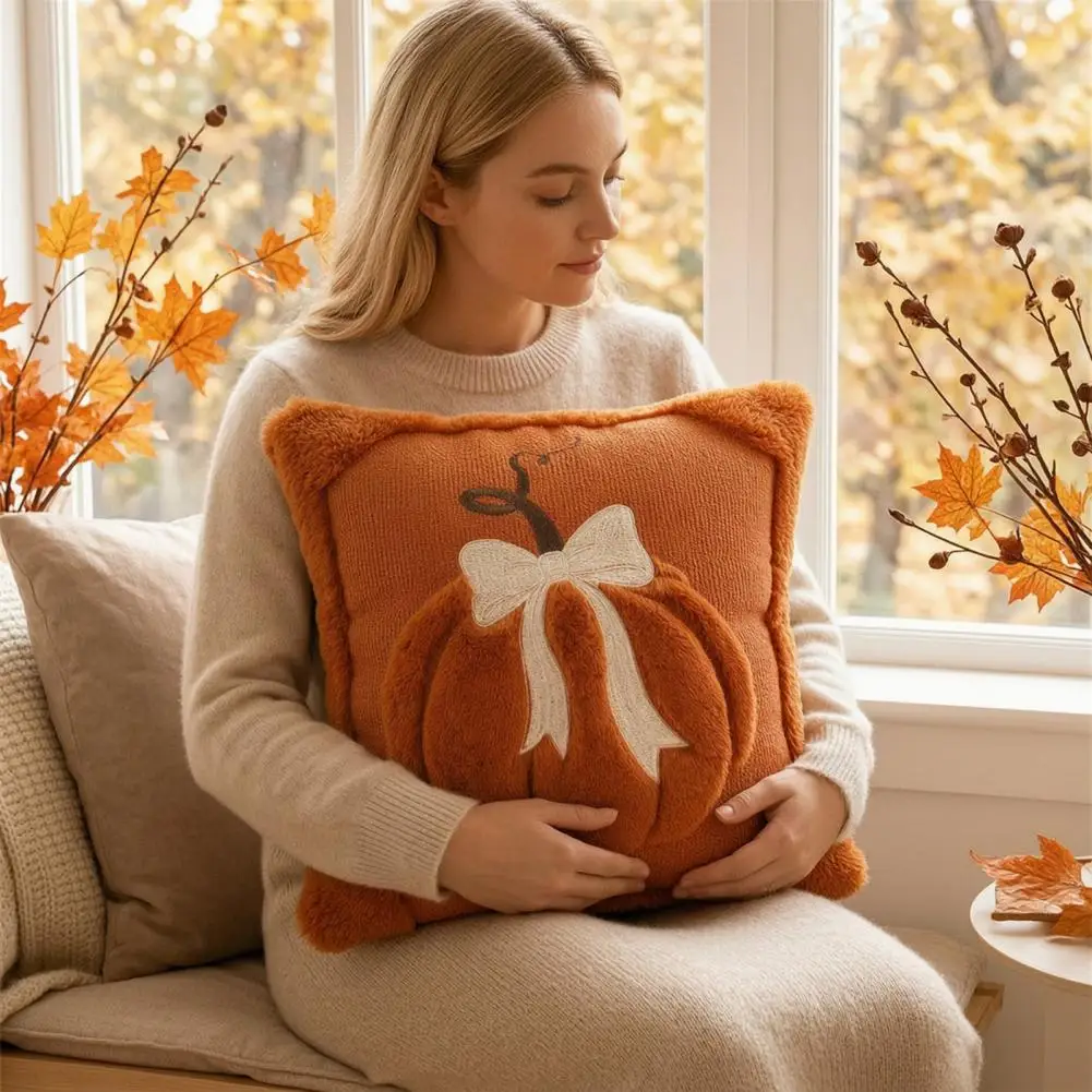 Decorative Fall Cushion Cases Thanksgiving Home Decor Farmhouse Pumpkin Cushion Cover Plush Embroidered Bow for Thanksgiving