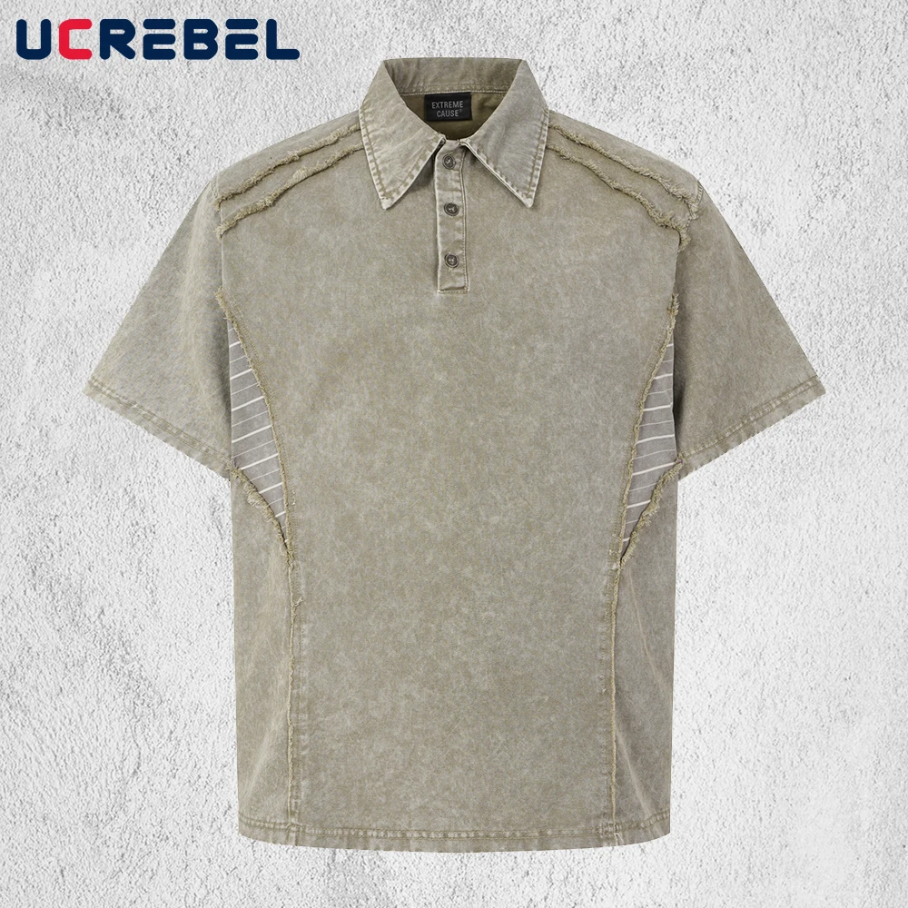 

Raw Edge Spliced Short Sleeve Polo Shirts Mens Summer Retro High Street Loose Half-Sleeve Distressed Tops Man