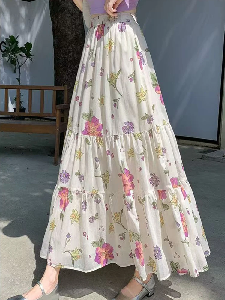 Jmprs Bohemian Floral Long Skirt Women High Waist Sweet Elegant Skirts Casual Loose Vintage Korean Female All Match Long Skirts