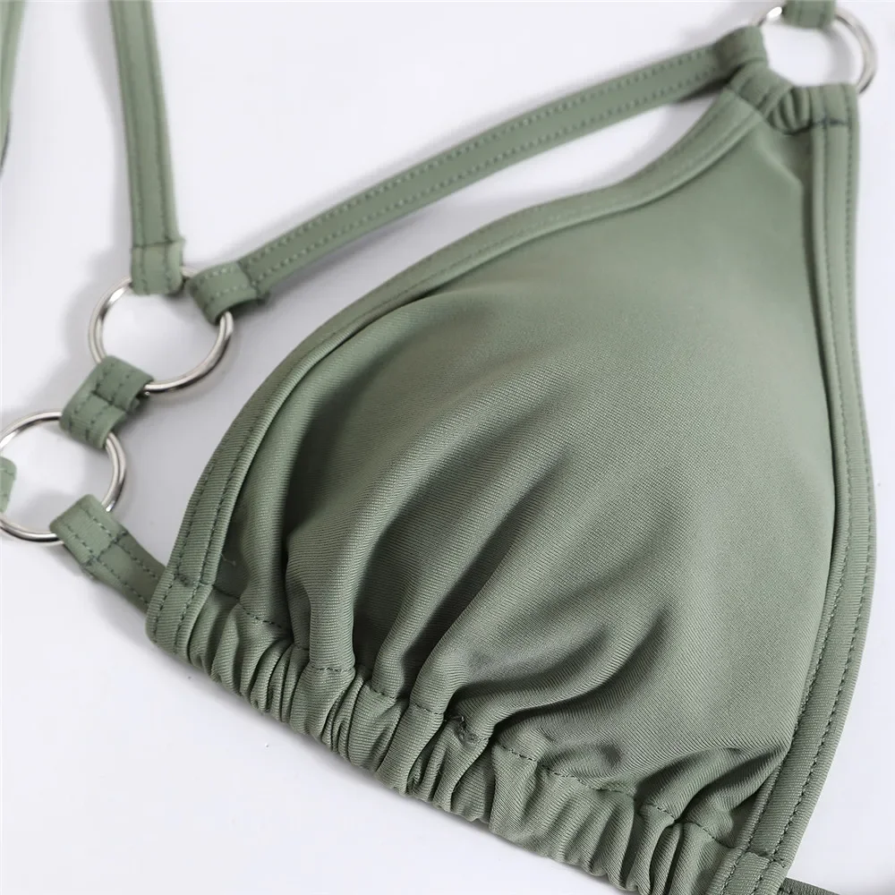 Steel Ring String Swimwear Halter Triangle Thong Micro Bikini Set Sexy Swimsuit Women 2025 Hollow Out Bathing Suit Green Bikinis