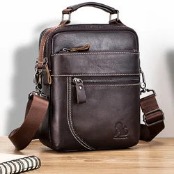 Men's cowhide crossbody bag, retro oil wax leather shoulder bag, men's top layer cowhide vertical square trendy handbag