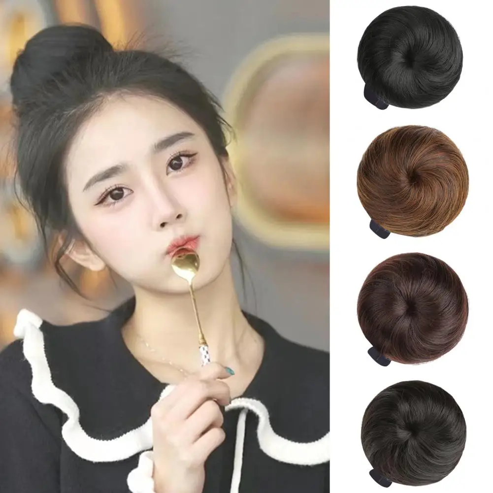 Girls Straight Scrunchie Chignon With Gripping Clip Brown Black Synthetic Hair Ring Wrap On Messy Bun Ponytail Straight Hair Tie