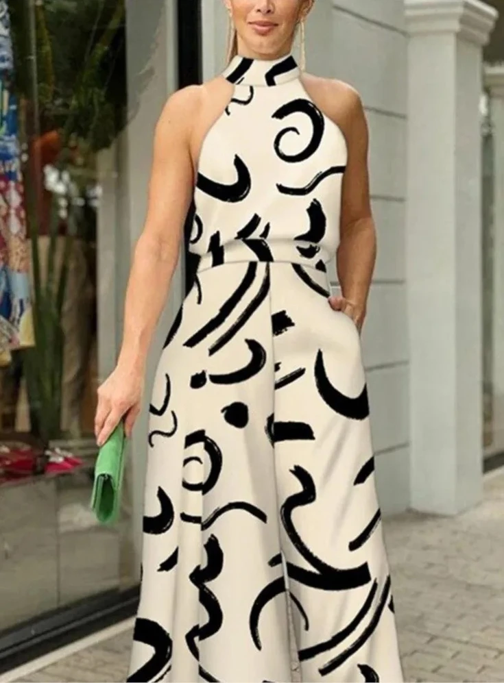 

Spring Summer New Women's Fashion Printed Round Neck Sexy Sleeveless Hanging Neck Slim Fit With Pocket Jumpsuit Pants