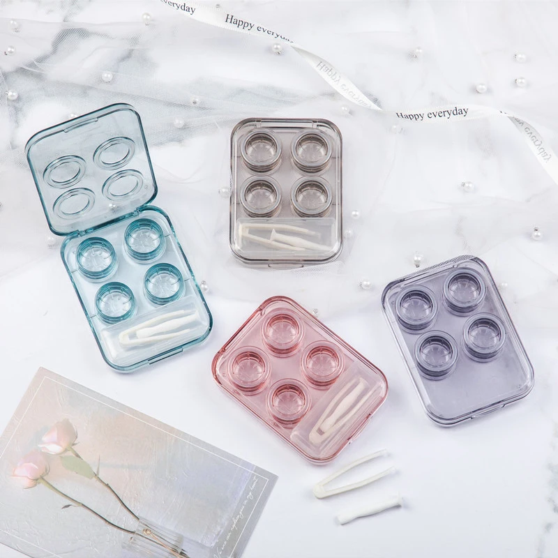 2 Pair Candy Color Girls Contact Lenses Box Mini Clear Portable Contact Lens Case With Tweezer Suction Stick Set For Travel Kit