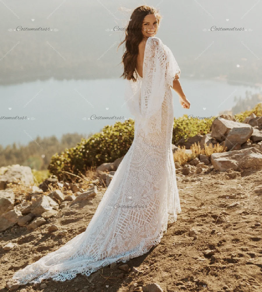 Charming Bohemian Wedding Dress 2026 Full Lace Flare Sleeve Boho Bridal Dress Elegant Country Garden Beach Bride Dress Celtic