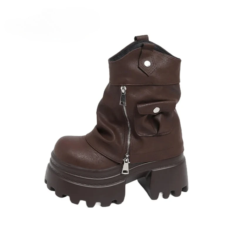 

Женские кожаные мотоциклетные ботинки на высокой платформе, зимние армейские ботинки в стиле панк с пряжкой и ремешком, женские ботинки до середины икры на молнии с толстой подошвой 10 см