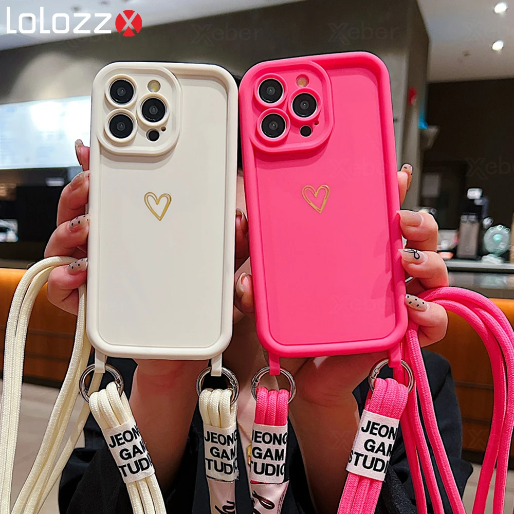 Crossbody Necklace Strap Lanyard Thicker Silicone Phone Case For iPhone 15 13 12 11 14 Pro Max X XR XS Max 7 8 Plus Matte Cover