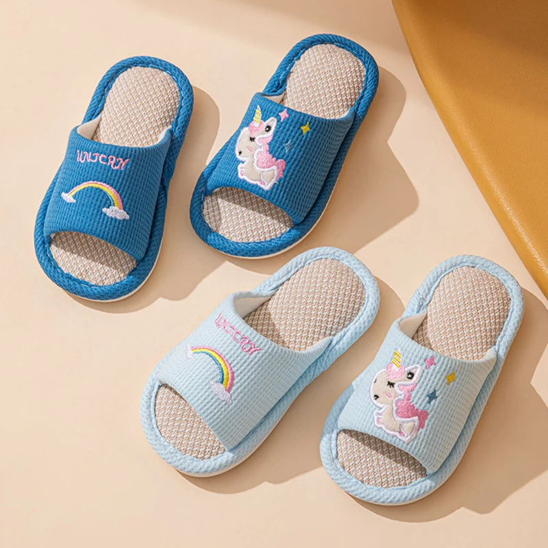Hemp Cartoon Slippers Children Home Flats Casual Spring Summer Luxury Designer Shoes Girls Rainbow Fashion Indoor Slides Soft view 2