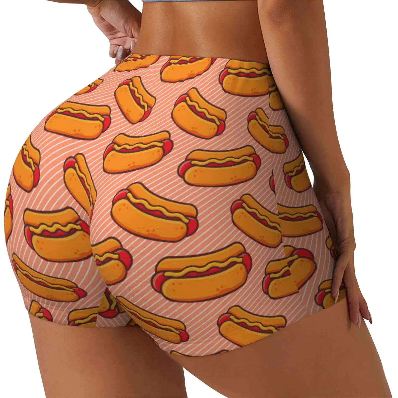 Cartoon Hot Dog Print Workout Shorts for Women Soft Smooth Gym Yoga Scrunch Active Tennis Workout Running
