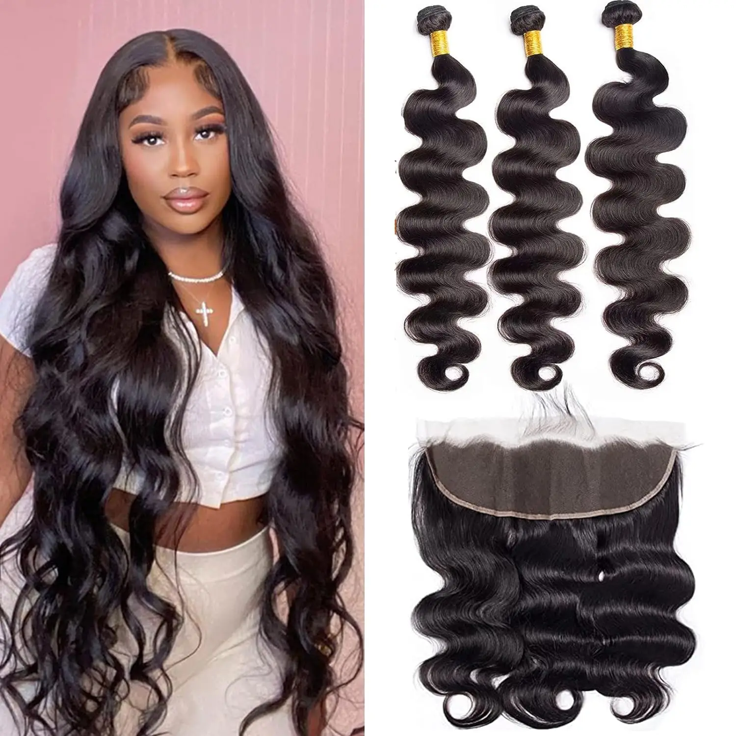 Bundles de cheveux humains Body Wave avec dentelle transparente 13tage, 100% cheveux humains, tissage brésilien, 3 extensions