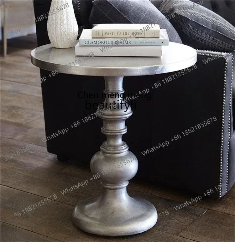 X   CQYAmerican solid wood creative bedroom balcony retro silver coffee table living room sofa round corner table