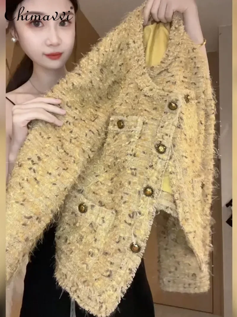 

2024 New Heavy Industry Tweed European High-end Quality Gentle Wind Temperament Loose Top Yellow Coat For Women