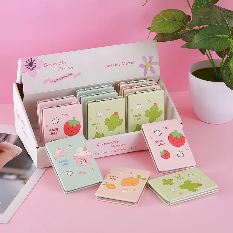 Rectangular Foldable Double-Sided Makeup Mirror Fruit Design Portable Handheld for Students Touch-up Compact PU Vanity Mirror