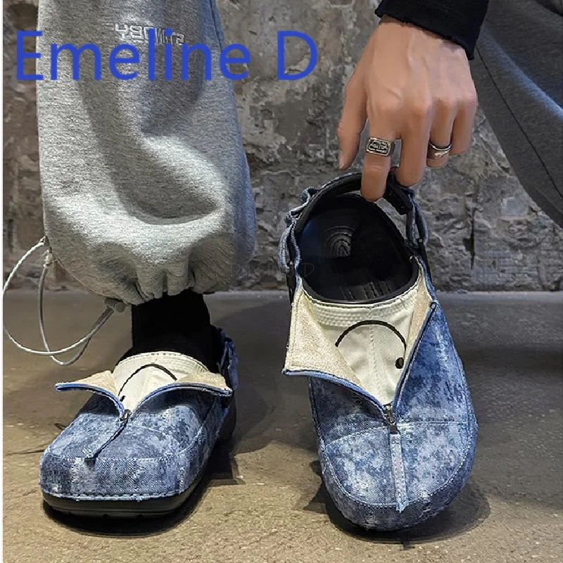 

Mesh Slippers for Men In Summer An Old Front Zipper Design and A Half Toe Cover Outdoor Breathable and Casual Flat Shoes