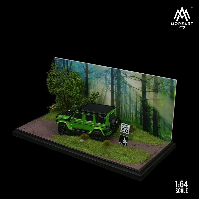 Moreart 1:64 modelo de coche, simulación de escena forestal de búsqueda verde, modelo de coche, estacionamiento