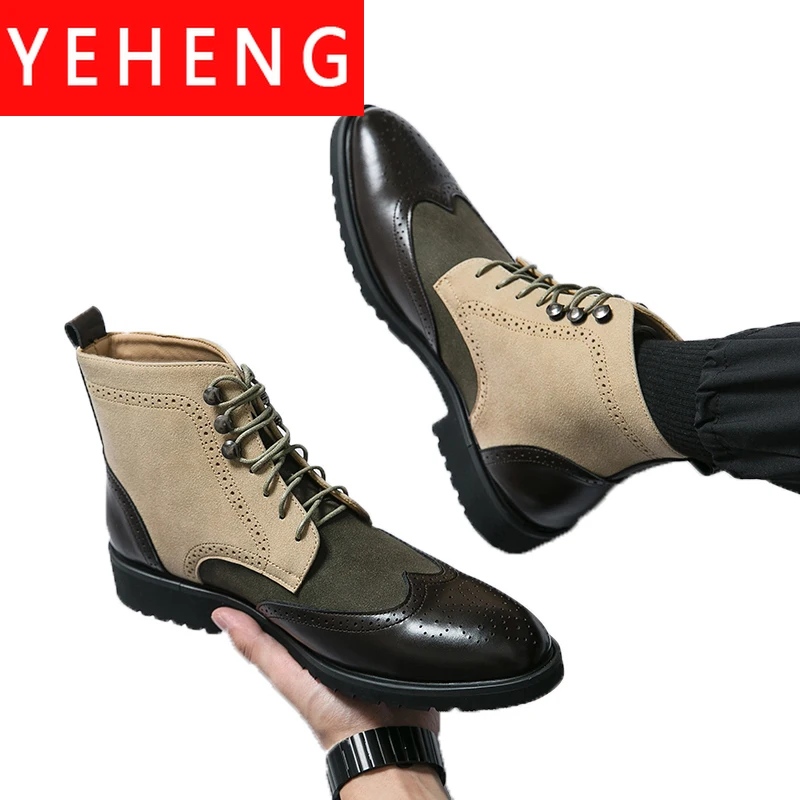 

New Men's Chelsea Short Boots Brown Block Lace-up Round Toe Flock Gingham Business Vintage Boots Handmade Free Shipping Big Size