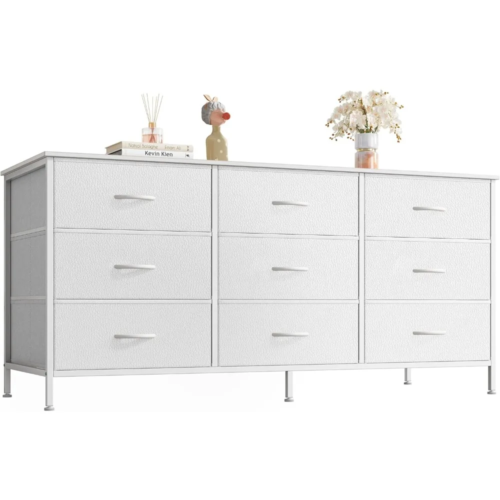 

9 Drawer Dresser, 47 Inch Dresser TV Stand for 50, 55 Inch TV, Fabric Dresser Chest of Drawer for Bedroom, Closet, White