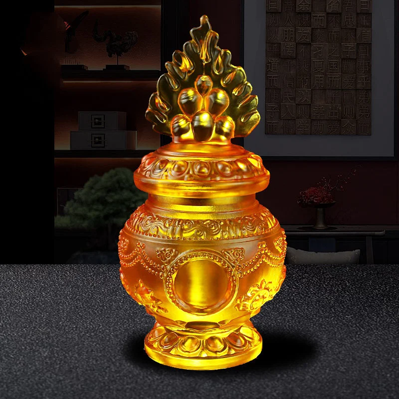Tibetan Eight Auspicious Symbol Vase Colored Glaze Mani Treasure Bottle Home Altar Decor Ornament For Buddhist Worship