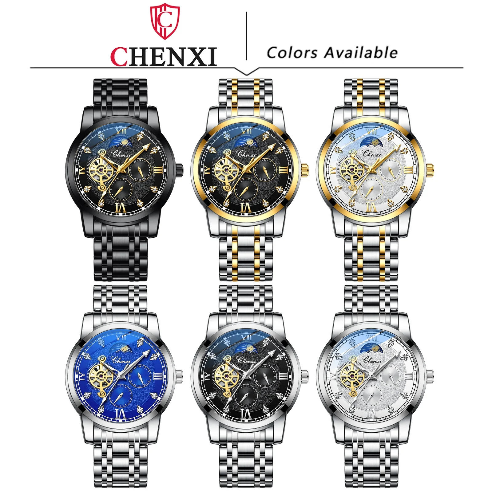 CHENXI 8859 Mechanical Watch Men Business Fashion Silvery Gold Sun Stainless Steel Strap Clock Analog Display Wrist Watches