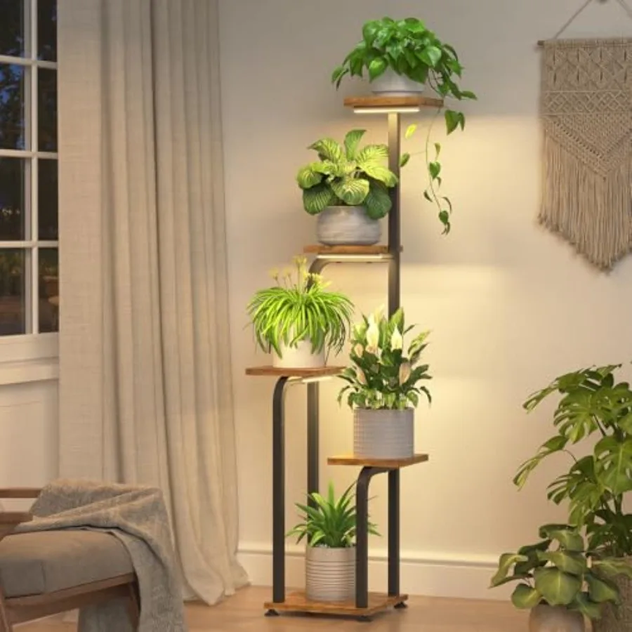 

Tall Plant Stand Indoor with Grow Light 4 Tier Corner Multiple Flower Holder Shelf with Wooden Trays Space Saving Display Rack