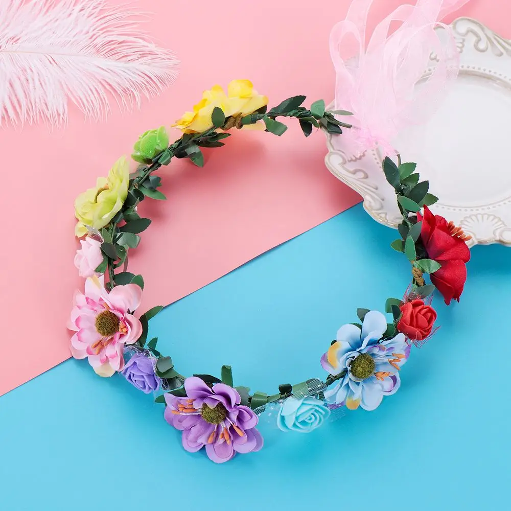 Bando mahkota bunga mawar Fashion Bohemia Garland dengan pita yang dapat diatur gadis karangan bunga pengantin Halo