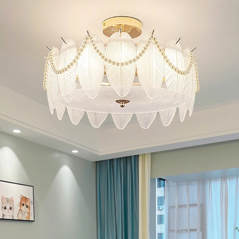 French Luxury Glass Feather Luster LED Ceiling Lamps Designer Romantic Personality Living Room Restaurant Bedroom Hotel Lighting