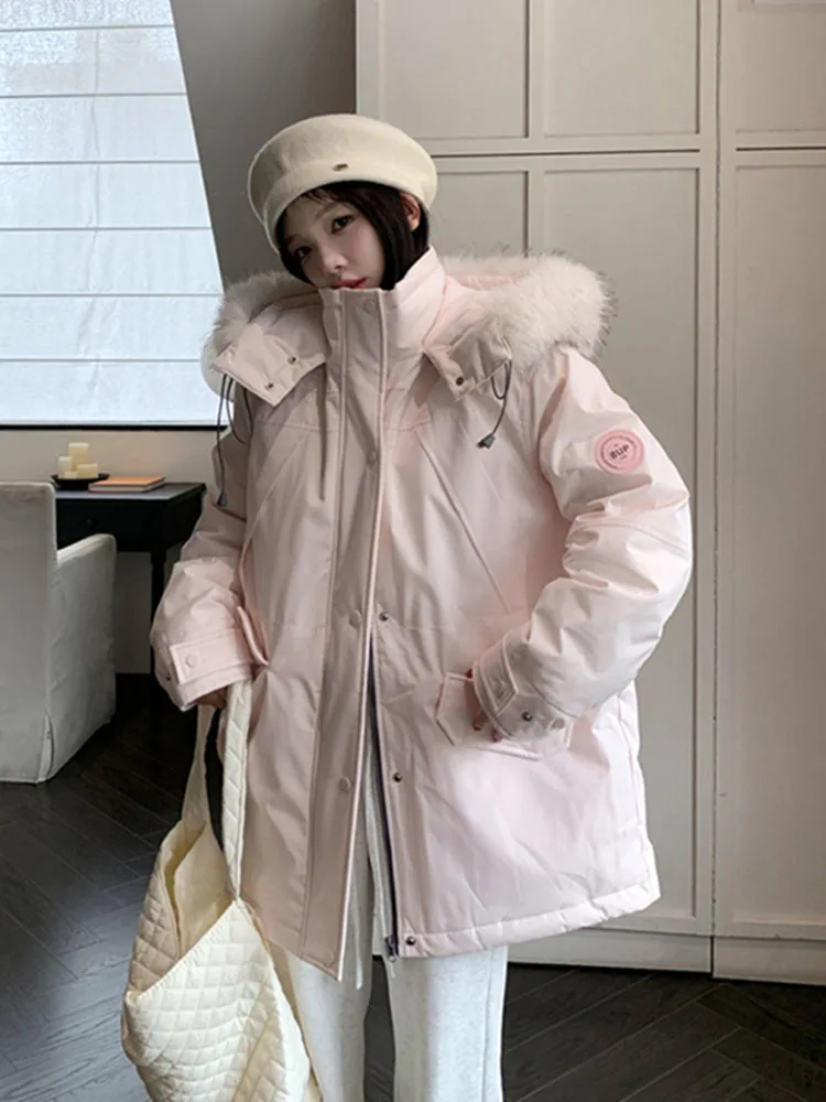 Pink fur collar workwear overcomes down cotton jacket for women\'s winter 2024 new loose mid length hooded jacket