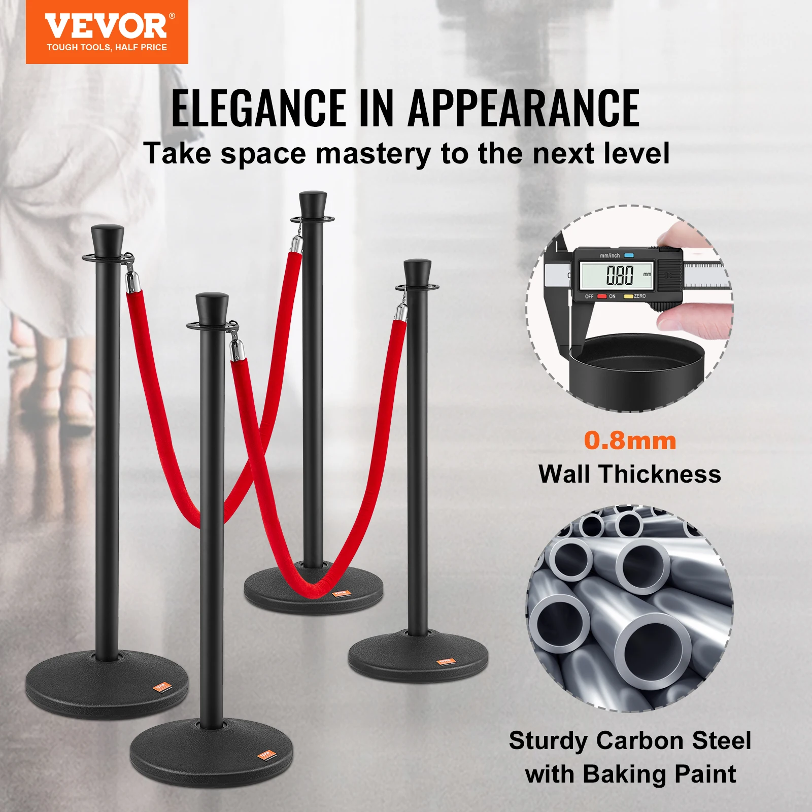 VEVOR Stanchion Posts w/ Velvet Ropes Carbon Steel Crowd Control Stanchion Barrier Line Divider Fillable Plastic Base for Party