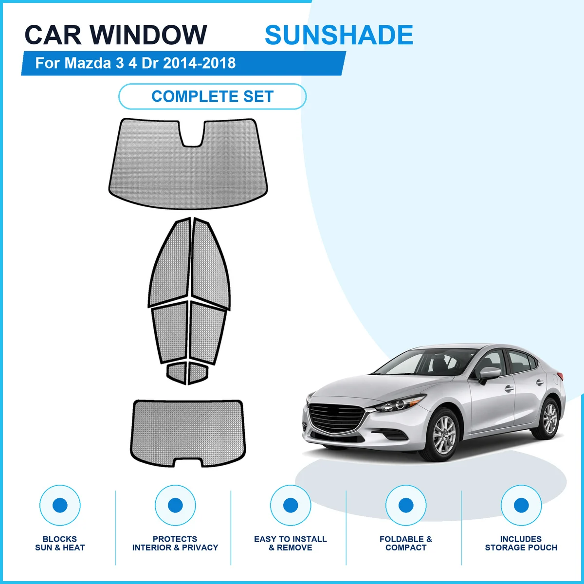 For Mazda 3 4 Dr 2014-2018 Custom Full Set Window Sunshades Aluminum Foil Suction Cup Anti UV Privacy