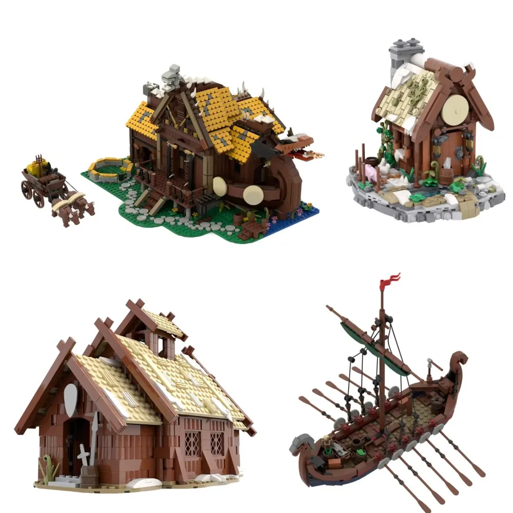 MOC Farm Medieval Viking House Ship Boat Building Block Kit Dragon Longship Architecture Dragon Ship Construction Brick ModelToy