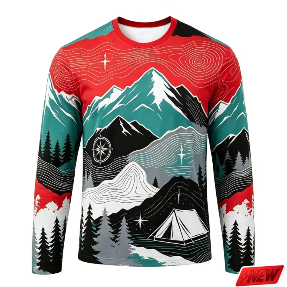 Men 3D Printed Mountain Camping Wilderness Long Sleeve T Shirt,  Compass Tent Forest Topographic Map Graphic Outdoor Casual Tops