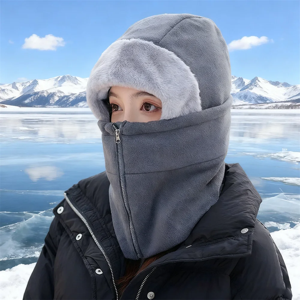 Winter Zipper Riding Thicken Mask Hooded Cap Windproof Ski Visor Breathable Thermal Face Mask Neck Warmer Scarf Helmet Hood