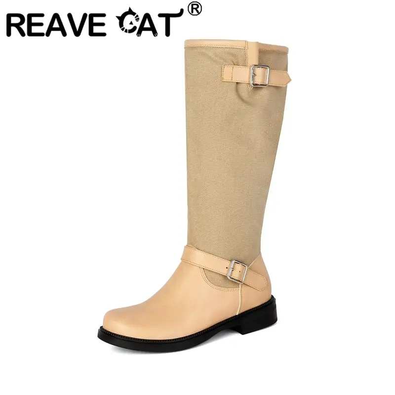 REAVE CAT Apricot Women Knee High Boots Round Toe 3cm Low Heel Slip On Belt Buckle Mixed Color Daily Splicing Plus Size 41 42 43