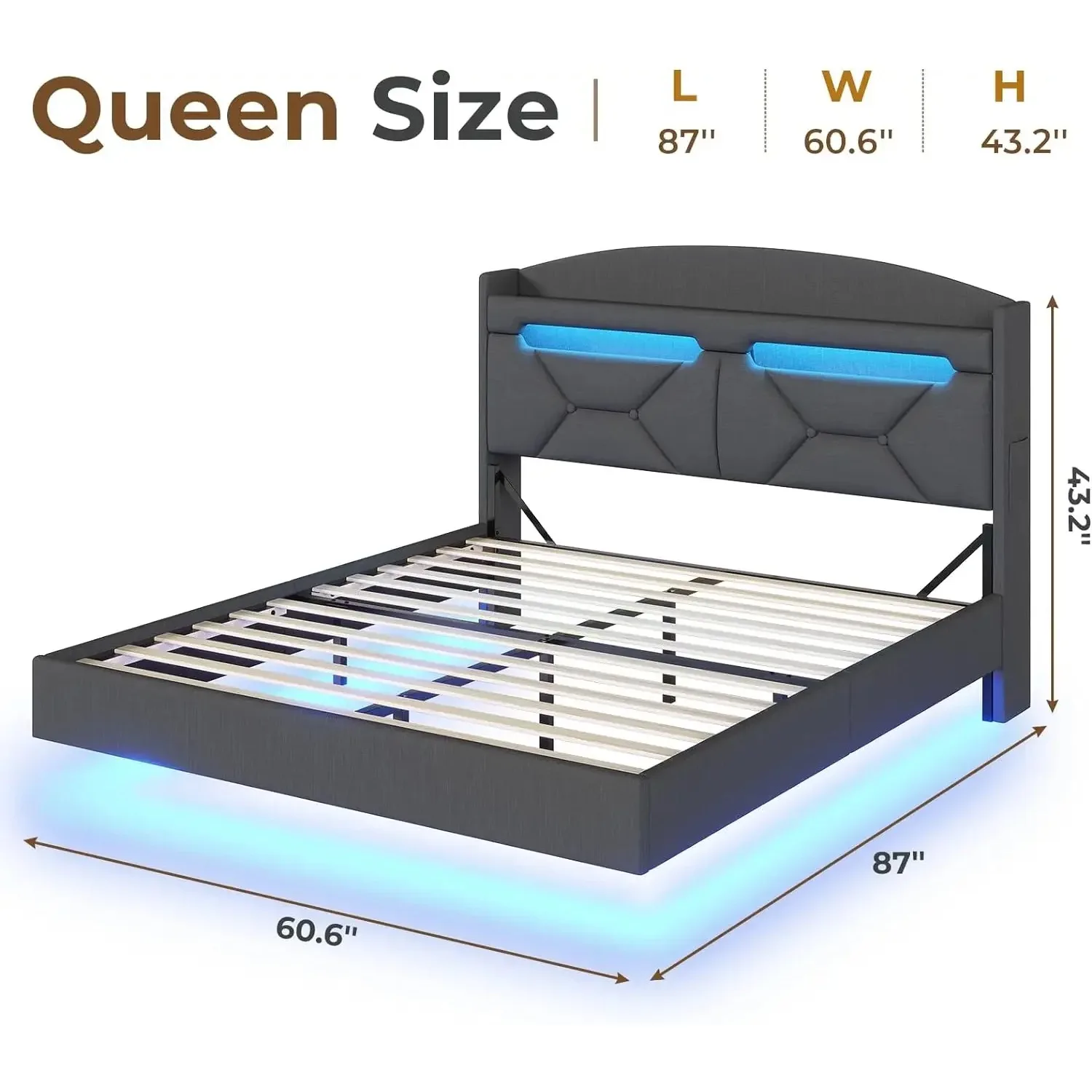 Floating Bed Frame with Charging Station, LED Bed Frame with Storage Headboard, Upholstered Platform Queen Bed with Shelves