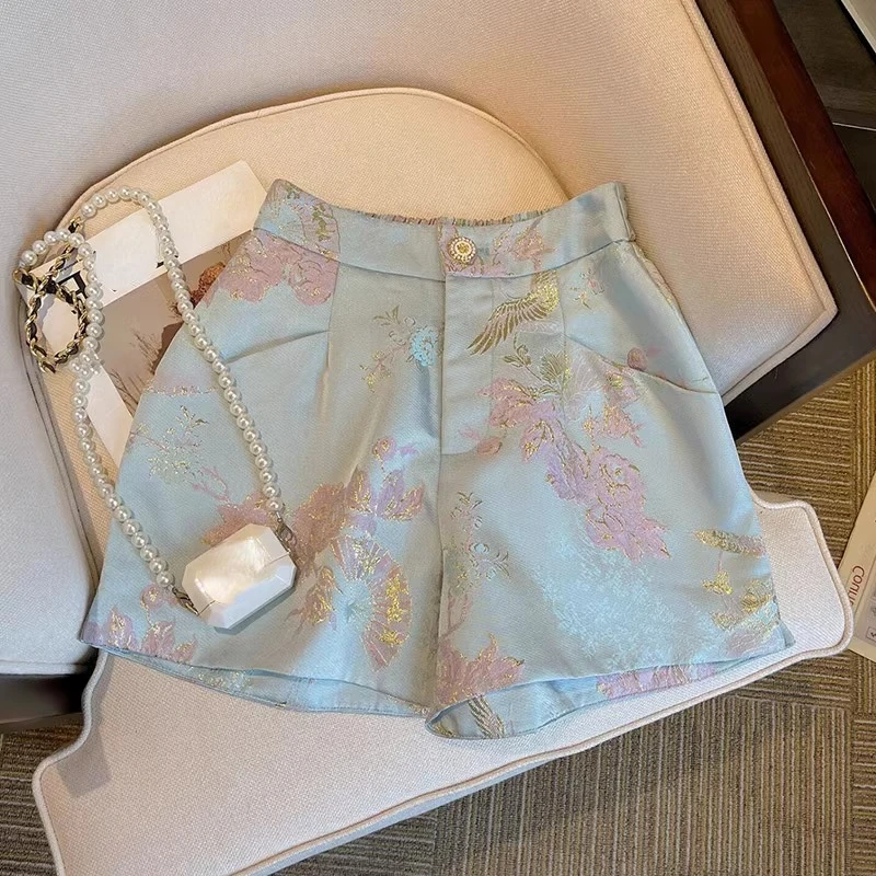 Summer Vintage Women Dobby Floral Colorful Wide Leg Shorts , Woman Casual Jacquard Flower Shorts