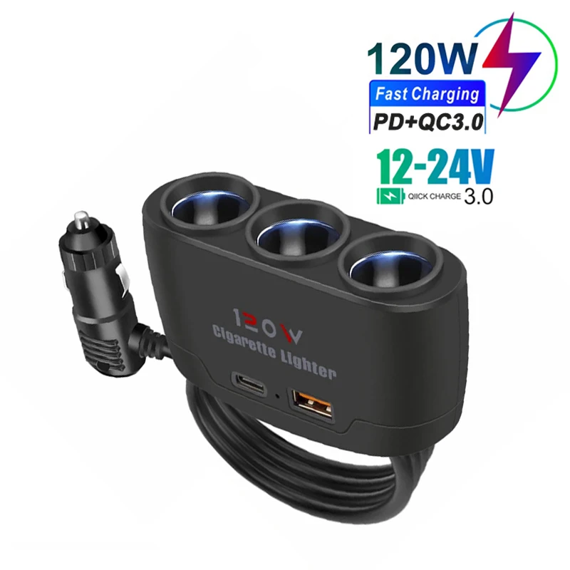 120W PD+QC3.0 Dual USB Socket Car Cigarette Lighter Splitter 12V 24V Fast Charger Plug Phone Power Adapter for Car DVR Dashcam