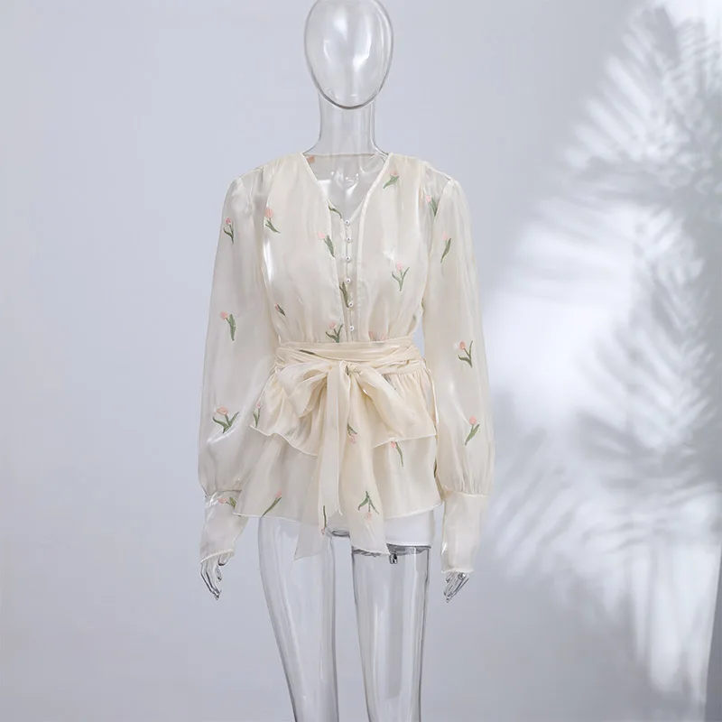 2026 Spring Summer Floral Embroidered Chiffon Wrap Tie Waist Ruffle Mini Dress Sheer V-Neck Romantic Feminine Women Date Vestido