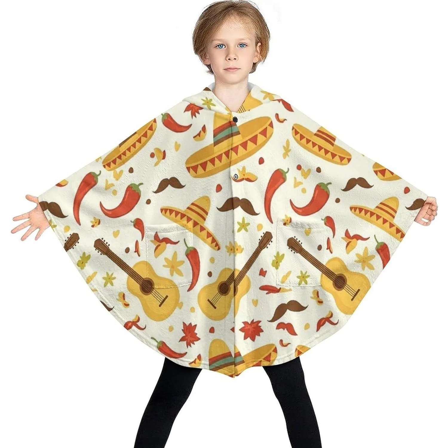 سترة بطانية مريحة من الفلانيل، سترة بغطاء للرأس كبيرة الحجم على شكل جيتار مكسيكي مع جيوب للأطفال والمراهقين #3