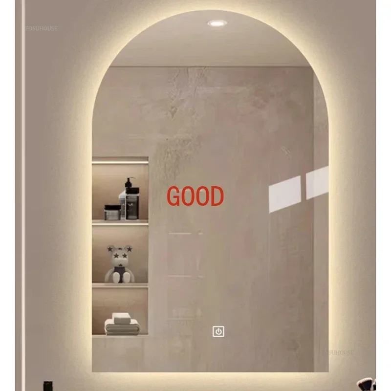 French Glass Bath Mirrors for Toilet Wall-mounted Dressing Touch Screen Mirrors Light Luxury Arched Design Mirrors for Bedroom