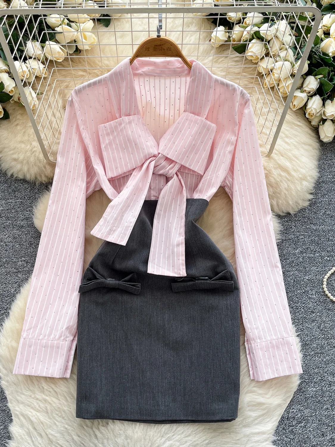 Ele ストライプロングスカート レディース ハイウエスト スリムフィット 蝶ネクタイスカート ツーピースセット 通勤スカート 秋服