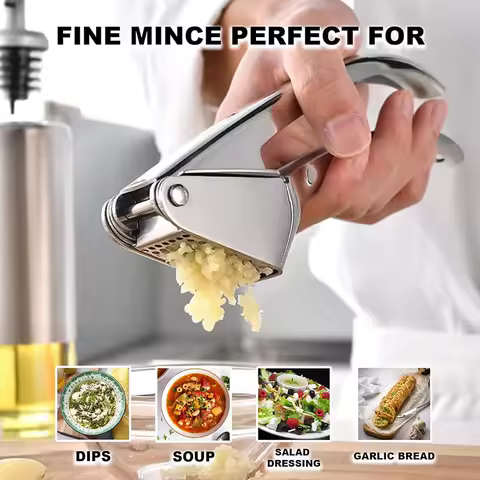 Stainless Steel Garlic Press Ginger Juicer Heavy-Duty Manual Mincer Garlic Crusher for Soups Salads Dips Easy-Clean Kitchen Tool