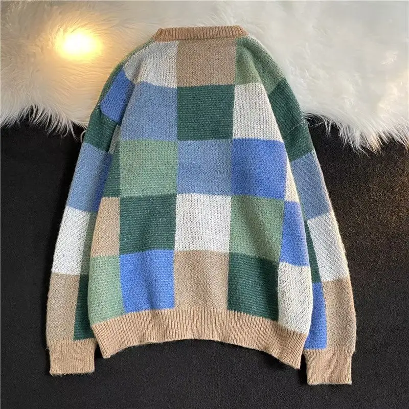 

High Quality Plaid Patchwork Warm Sweater Men Spring Autumn Leisure Korean Knitwear Long Sleeve Loose Knitted Pullover A251