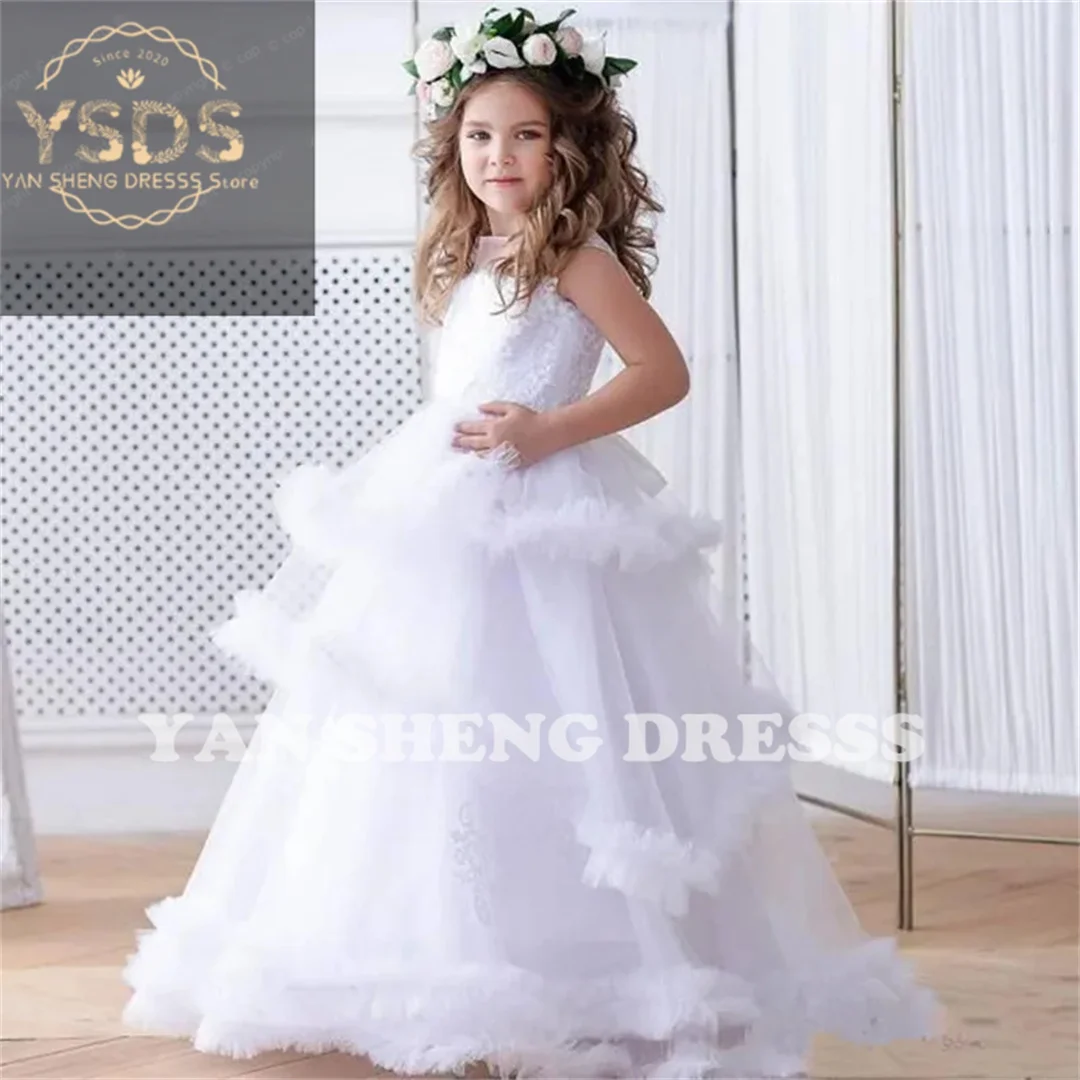 Elegant White Flower Girl Dresses for Wedding Lace 3/4 Long Sleeves Hollow Back First Communion Dresses for