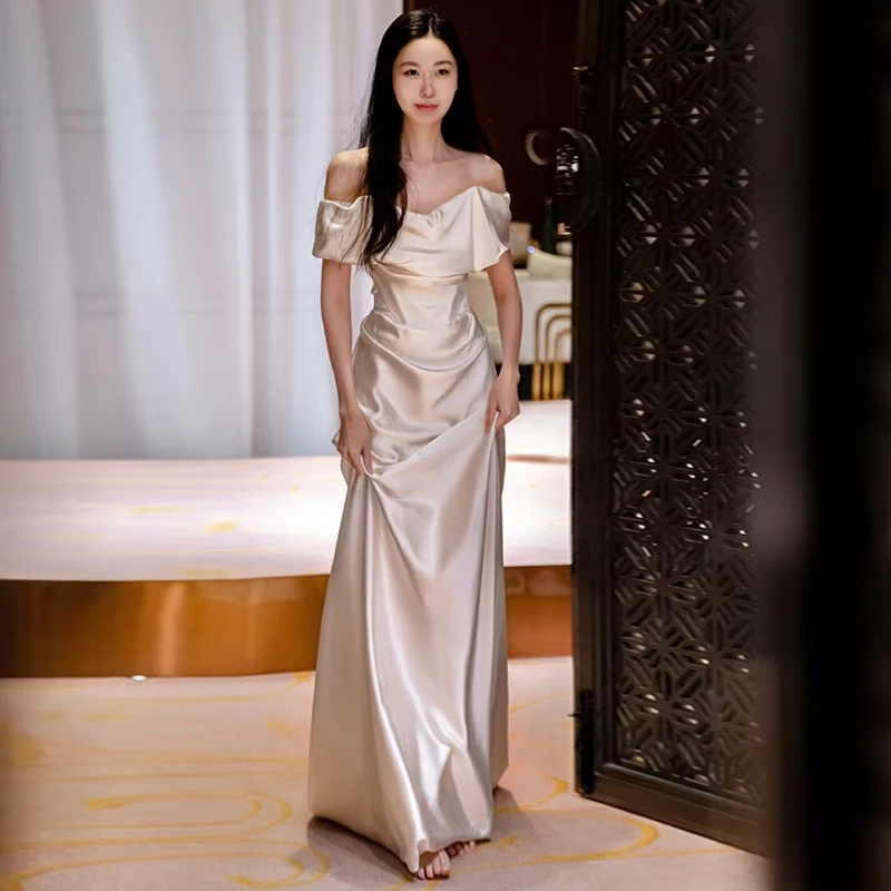 

Элегантное свадебное платье из атласа с одним открытым плечом, сказочный дизайн, корейский стиль, длинная юбка, вечернее платье для женщин