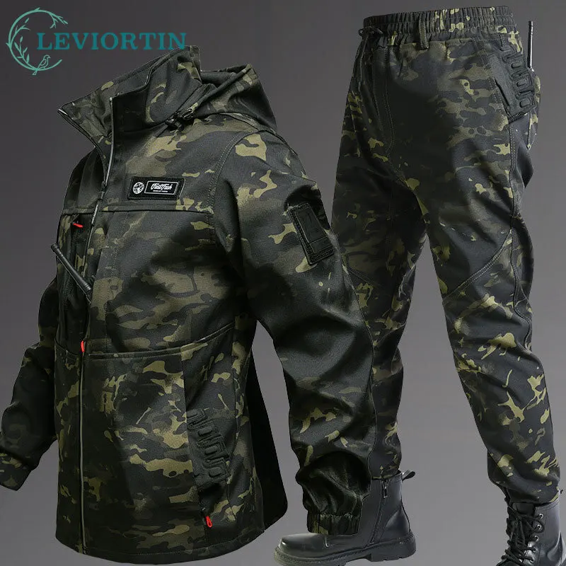 

Winter Men Tactical Set Camo Soft Shell Fleece Combat Jacket Pants Outdoors Windbreak Fleece Lined Waterproof Training Uniform