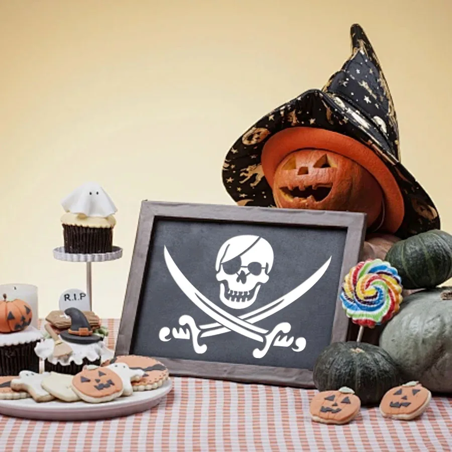 4 قطعة مجموعة استنسل جمجمة القراصنة مقاس A4 مقاس 11.69 × 8.27 بوصة قوالب قابلة لإعادة الاستخدام لديكور الهالوين، طاولة الحفلات، تغليف الهدايا، DIY W