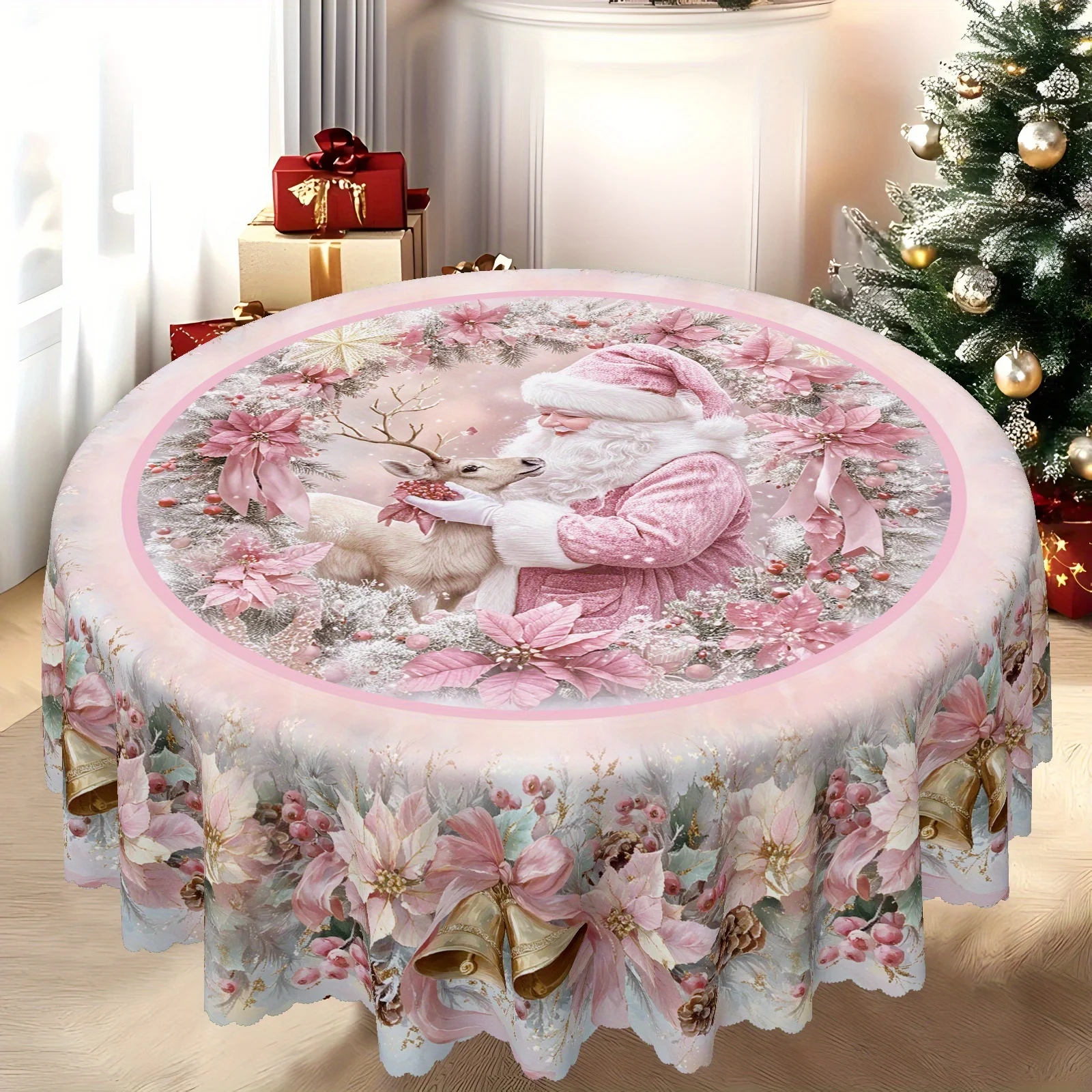 1-Pack sweet pink round Christmas tablecloth with Santa and reindeer in pink on a pastel background
