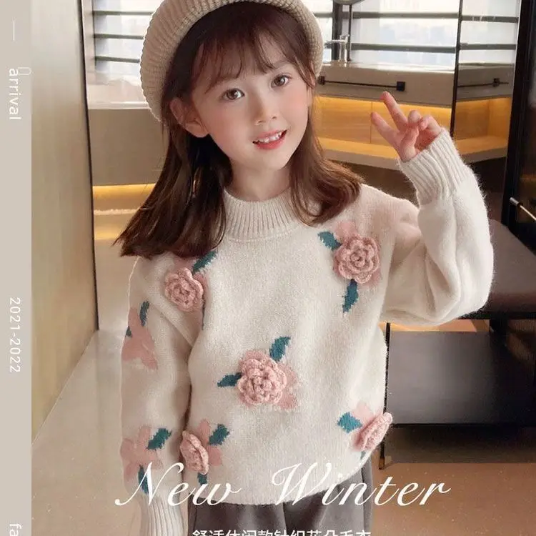 

Girls' Sweater Autumn And Winter New Style Fashionable Girls Fleece-lined Knitted Shirt Children's Coat Girls' Top sweater