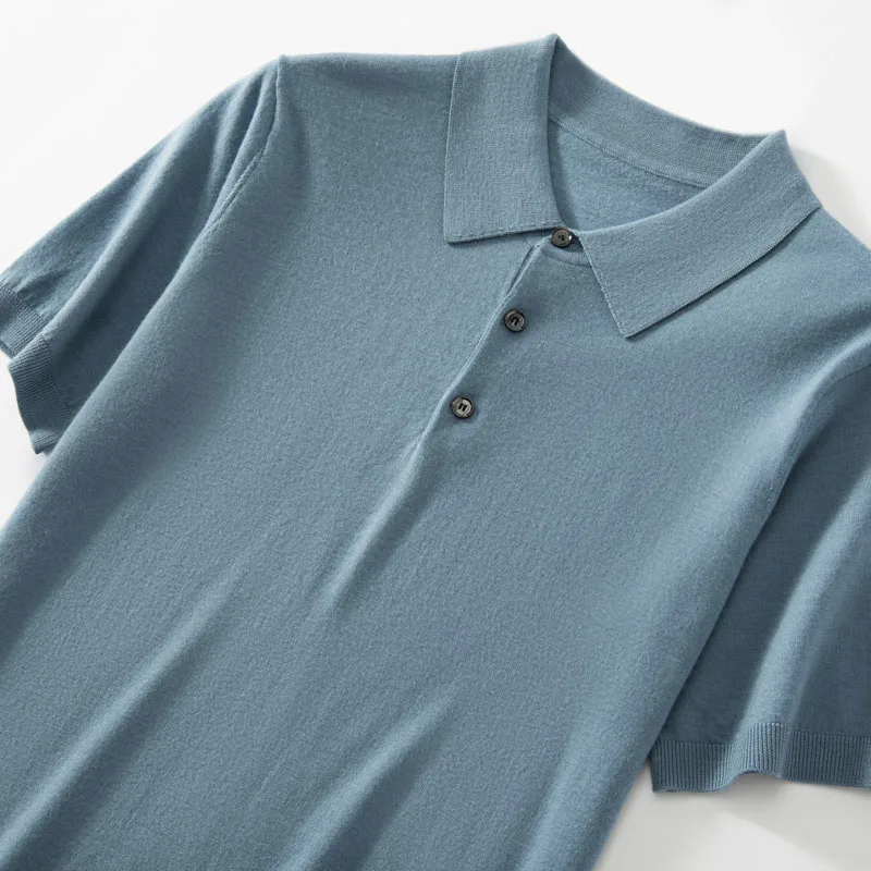 

High Quality Ultra Fine 100% Merino Wool Knit T-shirts Spring Summer Men's Casual POLO Collar Short Sleeve T-shirt Tops Men Tees