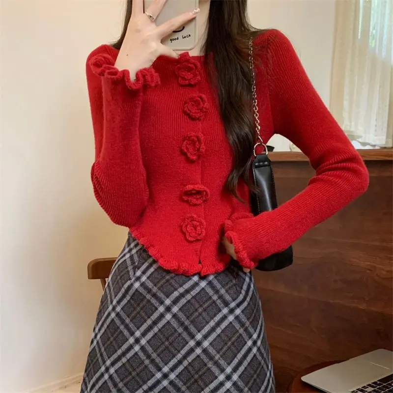 

Red Rose Sweaters Women's Sweet Girls Autumn Outfit New Year Christmas Style Pink Cardigan Casual 3D Flower Slim Knitted Tops